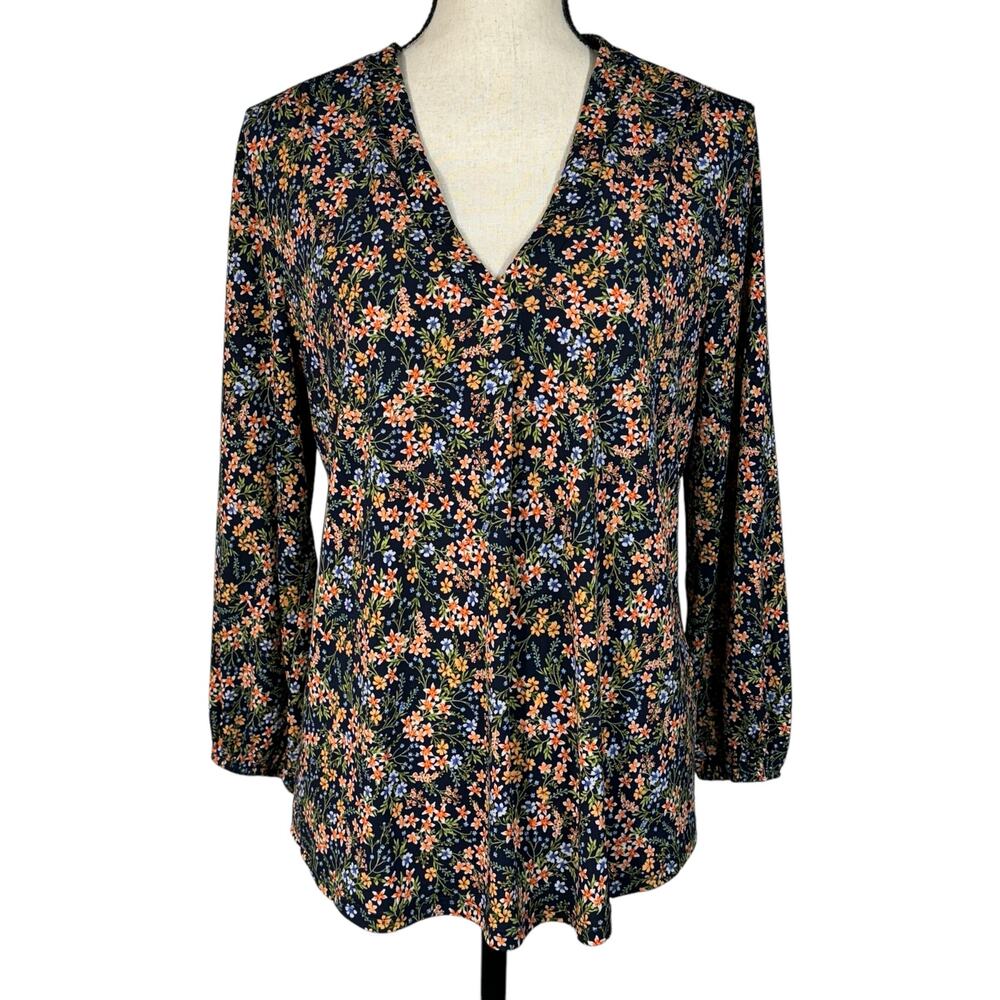 Vince Camuto Medium Top Floral Stretch Pleated V-Neck 3/4 Sleeves Hi-Low Multi